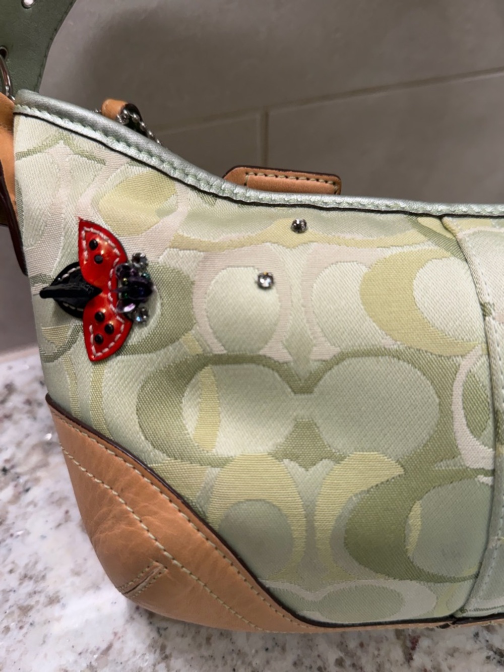 Vintage Coach Light Green Signature Hobo with Tan Trim and Ladybug Accents - Picture 9 of 16